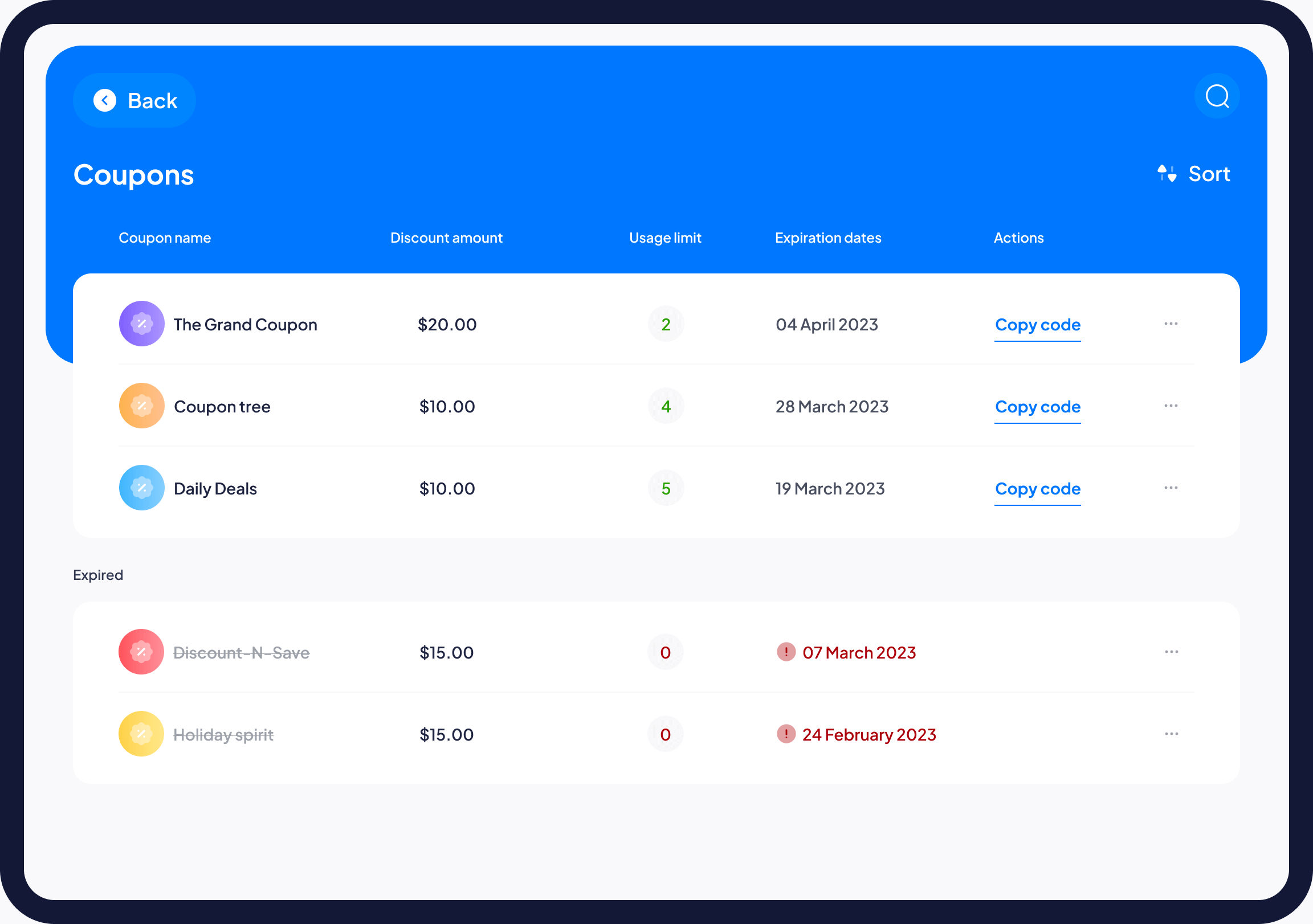 Image of a dashboard to manage coupons.